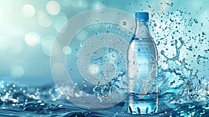 Ad banner with mineral water bottle on top of a plastic flask with pure drink and blank label on an aqua splashing