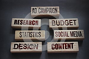 AD CAMPAIGN research budget statistics social media design conctent words on wooden blocks. Marketing advertising concept