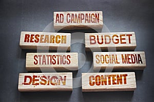 AD CAMPAIGN research budget statistics social media design content words on wooden blocks. Marketing advertising concept