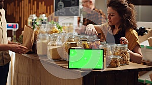 Ad on mockup tablet in eco friendly shop photo