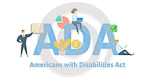 ADA, Americans with Disabilities Act. Concept with keywords, letters and icons. Flat vector illustration. Isolated on