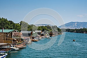 ADA BOIANA , MONTENEGR, Bojana River is a popular tourist destination with traditional seafood restaurants