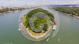 Ada MeÄ‘ica, an island on Sava river in Belgrade, Serbia, drone photography