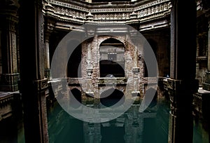 Adalaj stepwell on a dark day