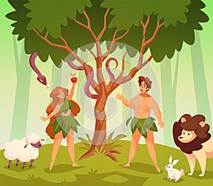 Adam and eve. Bible story scene first man and woman in garden eden, knowledge good and evil, snake of temptation and