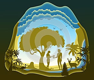 Adam and Eve. Garden of Eden. The Fall of Man. Paper art.