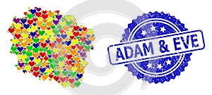 Adam and Eve Rubber Badge and Bright Love Mosaic Map of Kujawy-Pomerania Province for LGBT