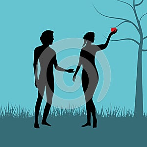 Adam and Eve. Silhouette, hand drawn.