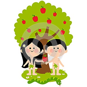 Adam and Eve under an apple tree. Vector Illustration photo