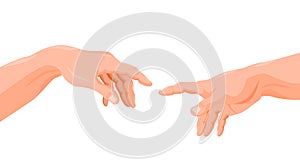 Adam and God touching hands fingers vector graphic cartoon illustration