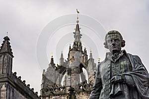 Adam Smith statue and Saint Gilles Cathedral, Edinburgh, Scotland, UK.