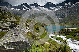 Adamello group, Italian Alps, dramatic mountain landscape.