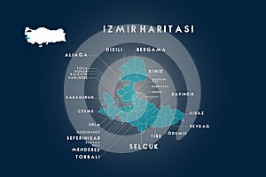 Izmir districts dikili, bergama, cesme, aliaga, foca, konak, balcova, narlidere, karaburun, urla, seferihisar, gaziemir, buca, tor photo