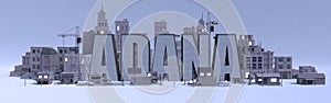 Adana lettering name, city with gray buildings
