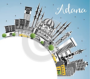 Adana Turkey City Skyline with Color Buildings, Blue Sky and Copy Space