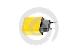 adapter for charger with USB and Type C connector, yellow, on isolated or white background