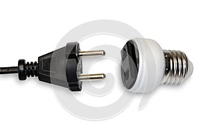 Adapter device for convert from E27 thread to electric plug socket, isolated on white background