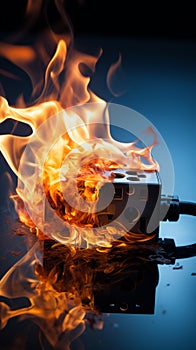 The adapter plug receptacle sparks, resulting in a fire against a white backdrop