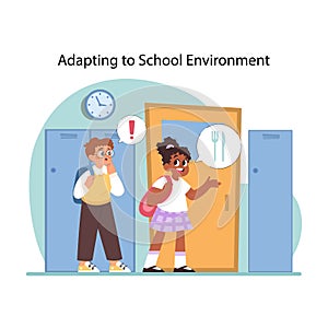 Adapting to school environment. Flat vector illustration