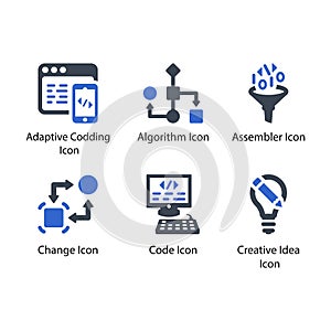 Adaptive Coding, Algorithm, Assembler, Change, Code, Creative Idea, icon