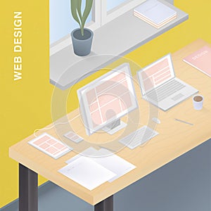 Adaptive web design for various devices. Colorful vector illustration with responsive design on computer, tablet