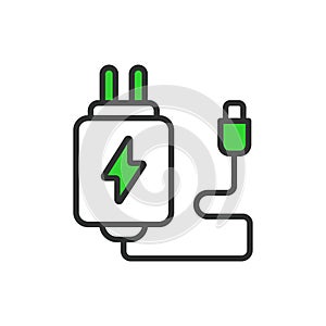 Adaptor, in line design, green. Adapter, Plug, Socket, Connector, Power, Electricity, Device on white background vector photo