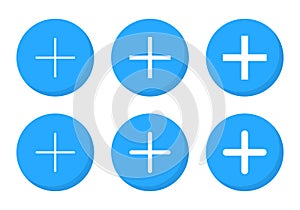 Add button icon vector in flat style. Plus symbol on blue circle