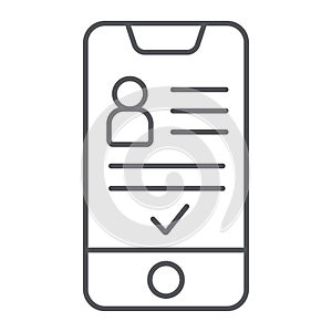 Add friend on smartphone thin line icon, phone and user, social account sign, vector graphics, a linear pattern on a