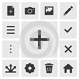 Add icon vector design. Simple set of smartphone app icons silhouette, solid black icon. Phone application icons concept