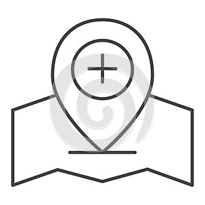 Add location pin thin line icon. Gps pin vector illustration isolated on white. Map pointer and plus outline style