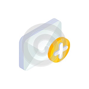 Add message, write new Email isometric icon. 3d e-mail symbol with plus sign. Social network, Mobile sms chat vector illustration