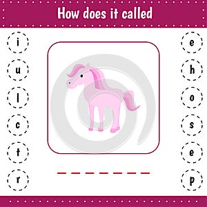 Add missed letters. Unicorn. Educational worksheet for preschool kids education. activity page with letters