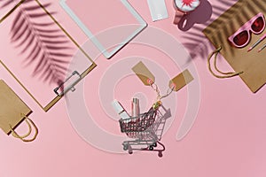 Add purchases to shopping cart buy online flat lay