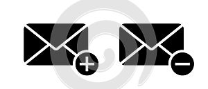 Add and remove envelope message icon. Email with plus and minus sign symbol