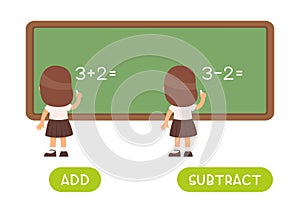 Add and subtract antonyms word card vector template. Flashcard for english language learning.