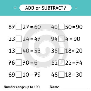 Add or subtract. Number range up to 100. Addition and subtraction. Worksheets for kids. Mathematical exercises