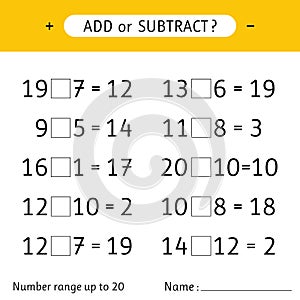 Add or subtract. Number range up to 20. Mathematical exercises. Addition and subtraction. Worksheet for kids photo
