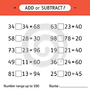 Add or subtract. Number range up to 100. Mathematical exercises. Addition and subtraction. Worksheet for kids photo