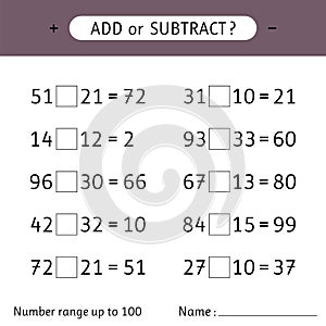 Add or subtract. Number range up to 100. Mathematical exercises. Worksheets for kids. Addition and subtraction photo