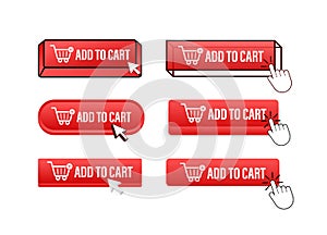 Add to cart Button with pointer clicking. Add to cart web buttons set. User interface element in flat style. Vector