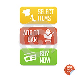 Add to cart, buy now, select items e-commerce buttons. Isolated buttons for website or mobile application.