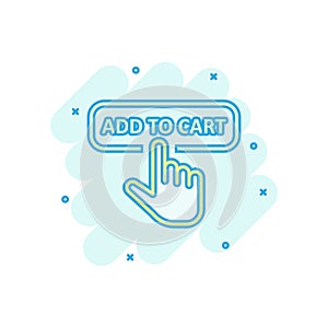 Add to cart shop icon in comic style. Finger cursor vector cartoon illustration on white isolated background. Click button