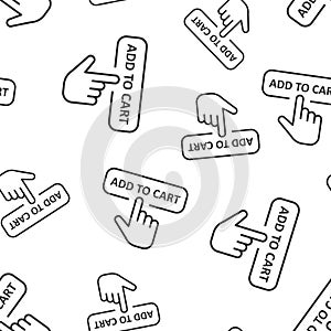 Add to cart shop icon seamless pattern background. Finger cursor vector illustration on white isolated background. Click button