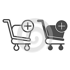 Add to shopping cart line and glyph icon. Market trolley with plus button sign. Commerce vector design concept, outline