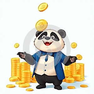 Cute Panda Businessman Holding Gold Coin Vector Illustration photo