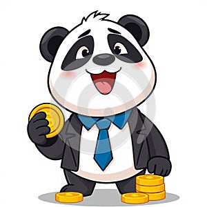 Cute Panda Businessman Holding Gold Coin Vector Illustration photo