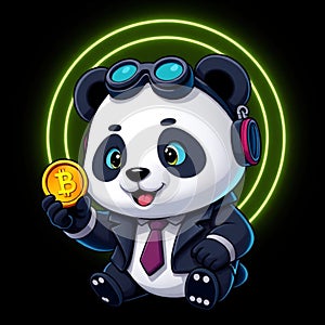 Cute Panda Businessman Holding Gold Coin Vector Illustration photo