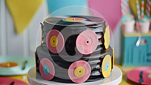 Add a touch of whimsy to your next event with this playful cake decorated to look like a stack of vinyl records