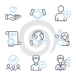 Add user, Handshake and Hold heart icons set. Love, Add person and Third party signs. Vector