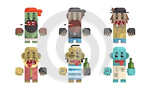 Addict Men Set, Male Characters Having Pernicious Habits, Drug, Alcoholism, Smoking Vector Illustration